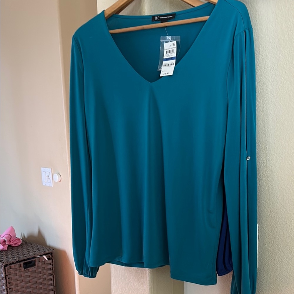 INC International Concepts Blue Fitted Long Sleeve Blouse
